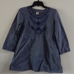 Abrazo Style Embroidered Tunic Top – Size XS, Blue Cotton, Made in Mexico